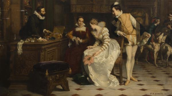 Painting Jeanne d'Albret buying perfumed gloves