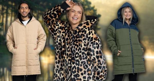 Three models standing side by side, each showcasing a different style of winter coat.