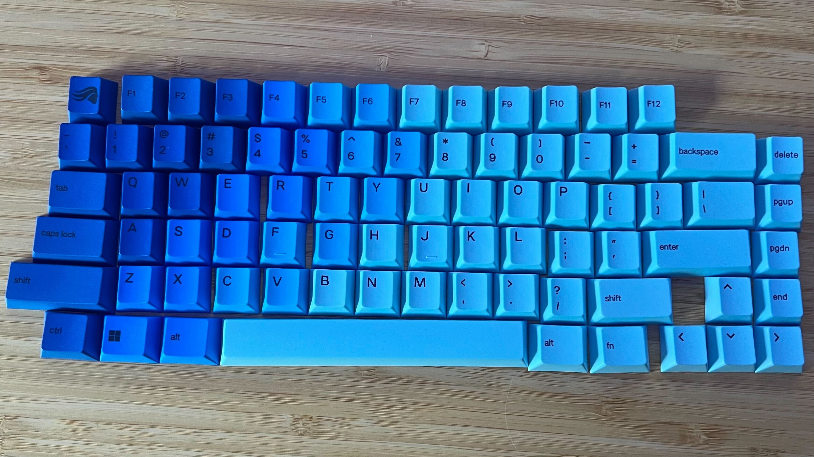 Glorious keycaps on a wooden desk in Ocean style design