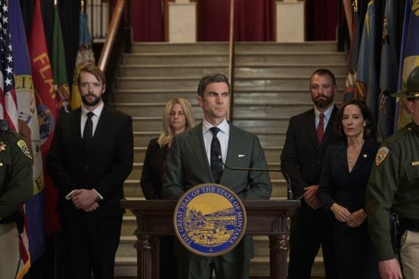 Wes Bentley as Jamie Dutton and Wendy Moniz as Governor Perry in "Yellowstone"