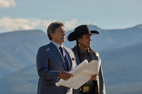 Gil Birmingham as Thomas Rainwater and Mo Brings Plenty as Mo in "Yellowstone"