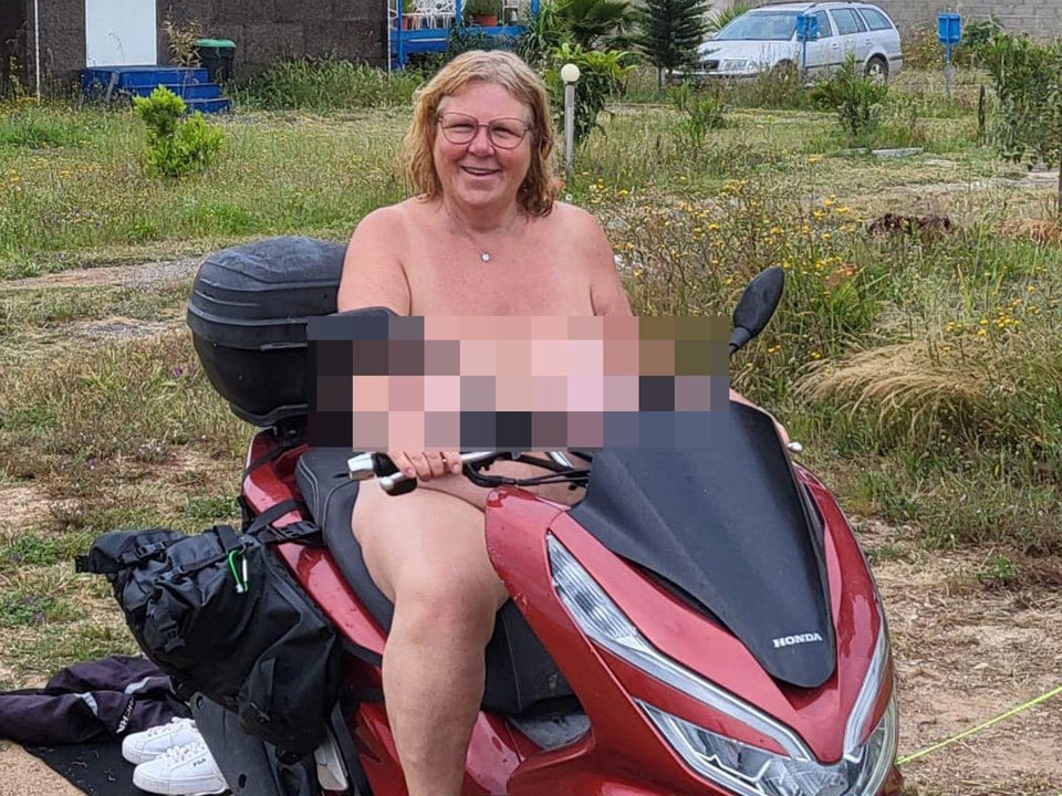Gill Allbutt, who embraced naturism after splitting from her husband of 40 years, is pictured riding a motorcycle while naked