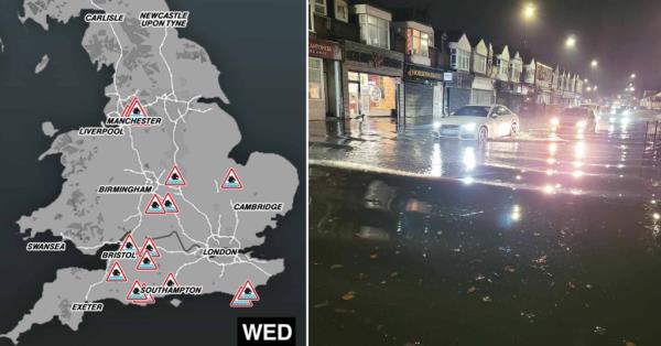 左侧：环境署洪水警告地图 右侧：被淹没的街道