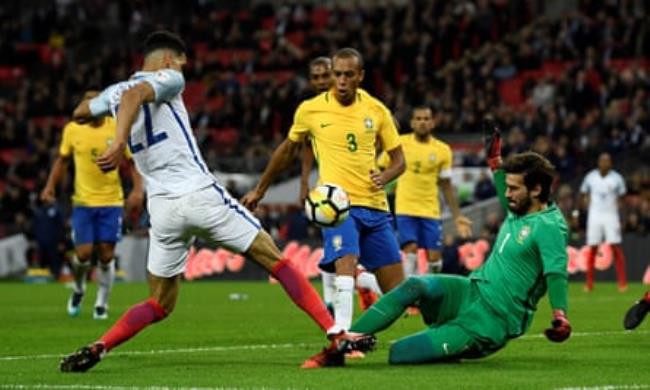 Dominic Solanke in action during his solitary England appearance, against Brazil in 2017.