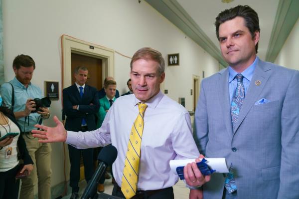 Jim Jordan, R-Ohio, left, and Rep. Matt Gaetz, R-Fla., speak to reporters after a hearing investigating former President Donald Trump, at the Capitol in Washington, Friday, June 4, 2021.