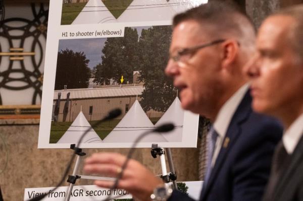 US Secret Service Acting Director Ronald Rowe, Jr. and FBI Deputy Director Paul Abbate testifying at a Senate hearing, showing a photo of a shooter's position