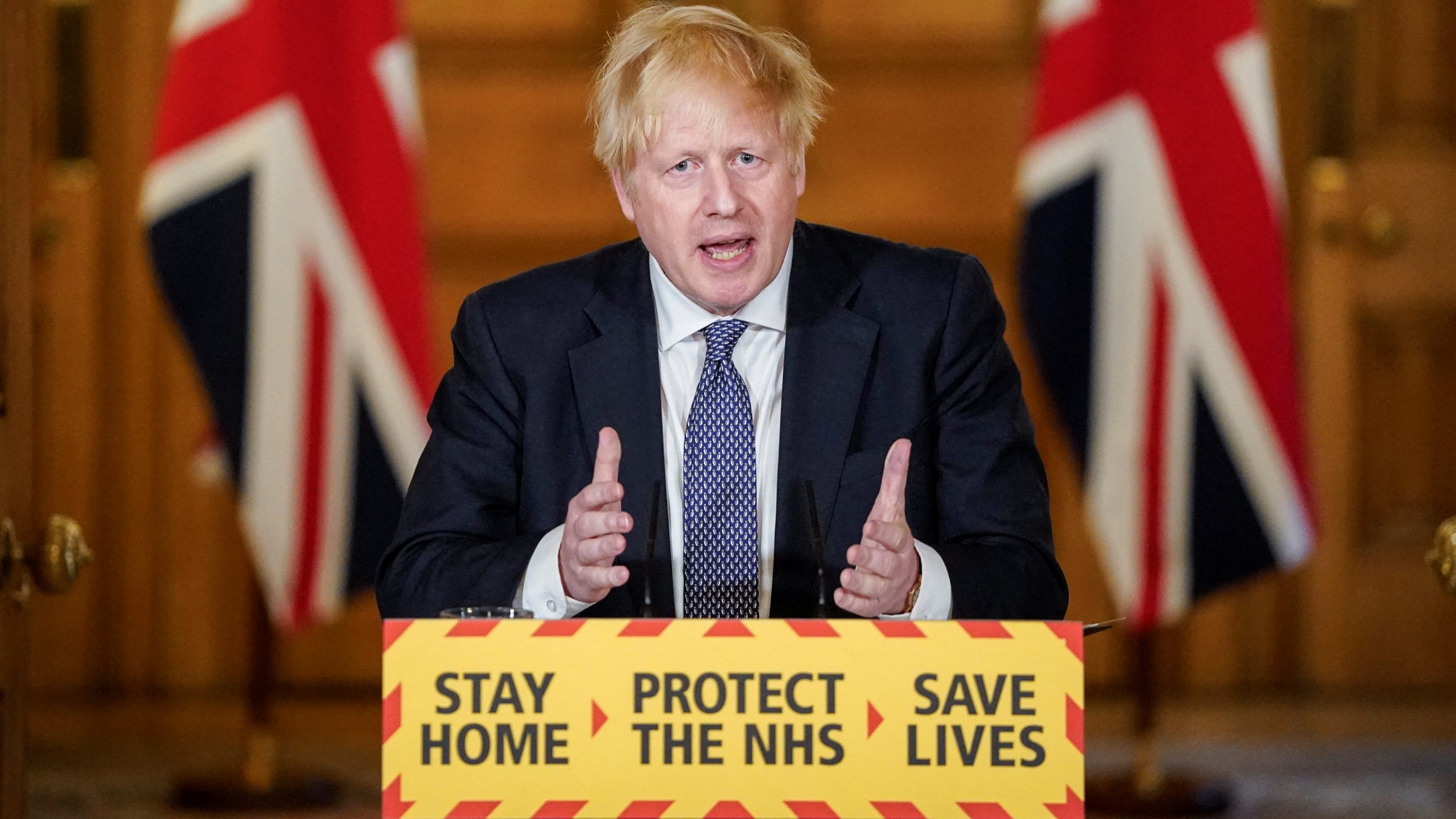Boris Johnson speaking during a remote press conference to update the nation on the COVID-19 pandemic