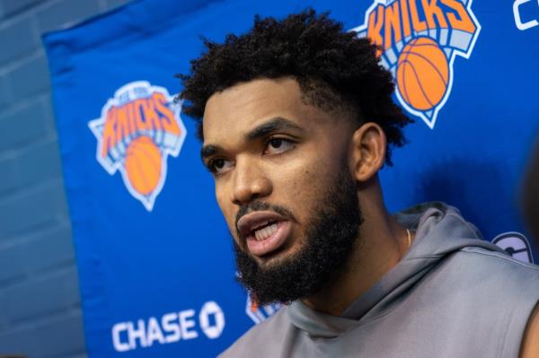 Knicks' Karl-Anthony Towns speaks with the media during practice at the Citadel McAlister Field House, October 3, 2024 in Charleston, SC.