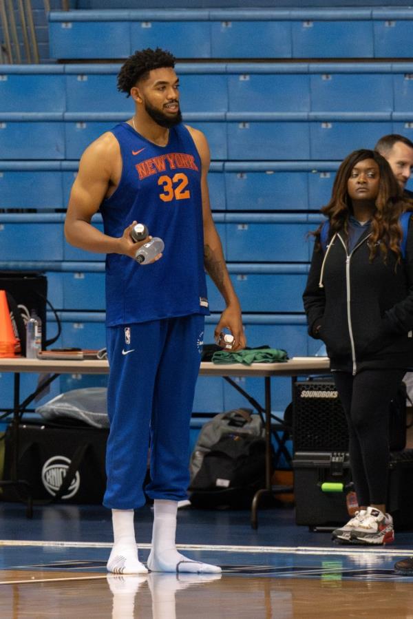 Karl-Anthony Towns, wearing his new Knicks #32 jersey during practice at the Citadel McAlister Field House, October 3, 2024 in Charleston, SC.