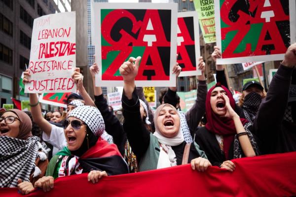 Pro-Palestine protestors confront pro-Israel supporters at a rally near the Consulate General of Israel after Hamas attacked Israel in the ongoing conflict in the Middle East on Monday, October 9, 2023 in New York, N.Y.