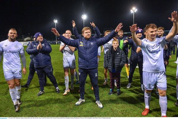 Shelbourne manager Damien Duff, centre, after his side's victory in the SSE Airtricity Men's Premier Division match between Drogheda United and Shelbourne at Weaver's Park in Drogheda, Louth. Photo by Piaras Ó Mídheach/Sportsfile Shelbourne manager Damien Duff, centre, after his side's victory in the SSE Airtricity Men's Premier Division match between Drogheda United and Shelbourne at Weaver's Park in Drogheda, Louth. Photo by Piaras Ó Mídheach/Sportsfile