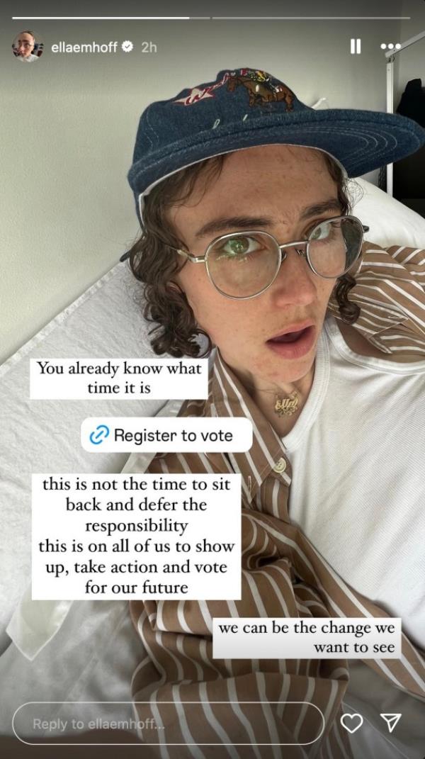 Ella Emhoff with glasses and a hat encouraging people to register to vote in an Instagram story