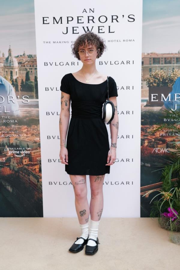 Ella Emhoff attending the Bulgari screening of Docufilm on making of Rome Hotel, dressed in a black dress in New York City, June 20, 2024.