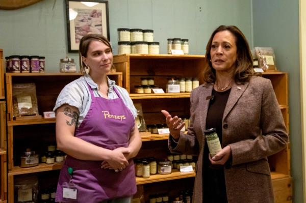 Democratic presidential nominee Vice President Kamala Harris answers a question from the media during a campaign stop at Penzeys Spices, Saturday, Sept. 7, 2024, in Pittsburgh