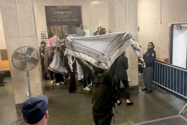 Anti-Israeli protesters protect Anas Saleh in Manhattan court.