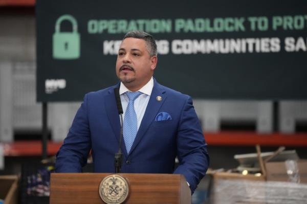 New York City Police Commissioner Edward Caban 
speaks during a news conference.