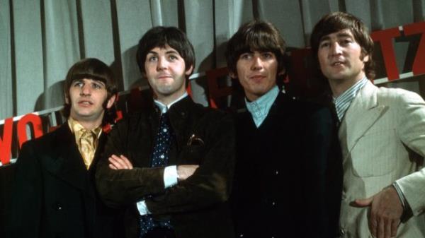 ringo starr, paul mccartney, george harrison and john lennon of the beatles posing, bands against streaming