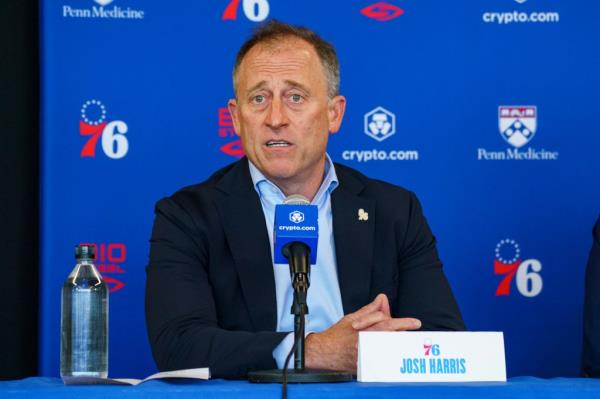 Philadelphia 76ers owner Josh Harris takes questions from the media during a press conference at the NBA basketball team's facility, Thursday, June 1, 2023, in Camden, N.J.
