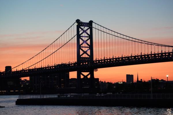 A general view of the Philadelphia skyline and Benjamin Franklin Bridge at dusk as seen from Camden