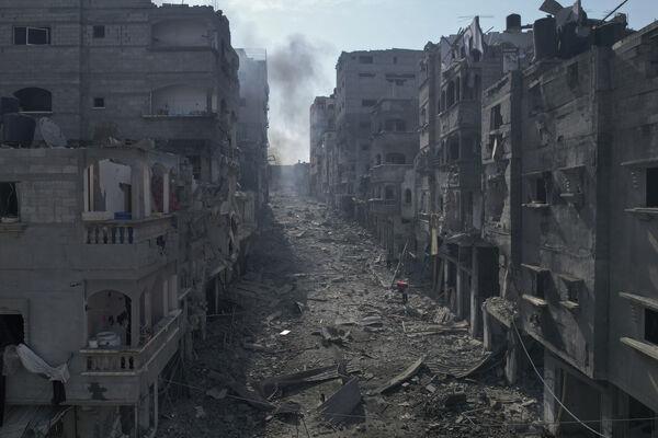 A view of the rubble of buildings hit by an Israeli airstrike, in Jabalia, Gaza strip. Picture: AP Photo/Hatem Moussa, File