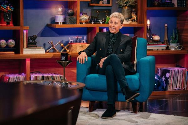 Ellen DeGeneres sitting in a chair as a guest on The Late Late Show with James Corden aired on May 4, 2021
