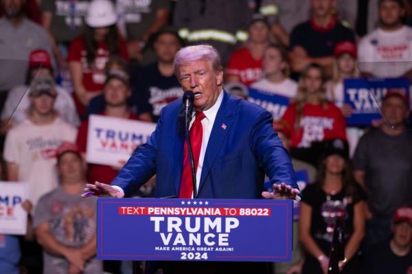 Republican presidential candidate Donald J. Trump speaks during a campaign rally at the campus of Indiana University in Indiana, Pennsylvania, USA, 23 September 2024.