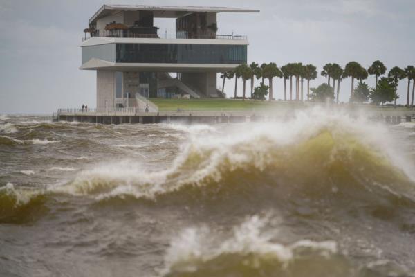 High waves crash along the St. Pete Pier as Hurricane Helene wreaks havoc on Florida on Sept. 26, 2024.