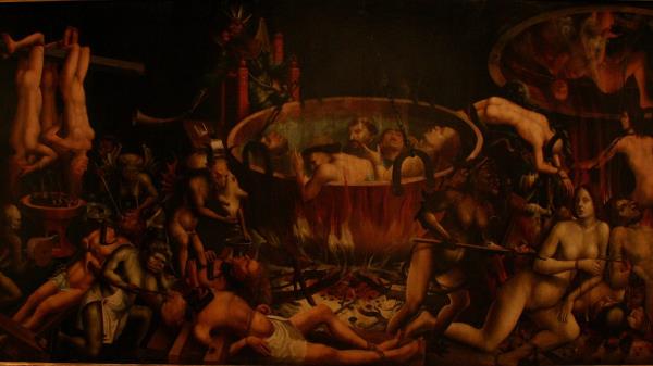 Stained glass hell depiction