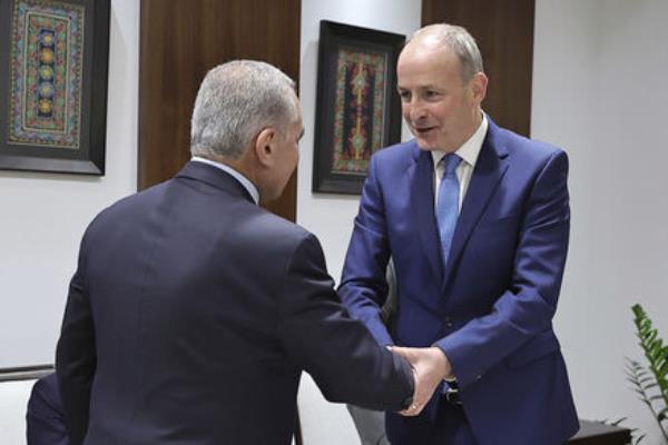Palestinian prime minister Mohammad Shtayyeh, left, welcoming Tánaiste and Foreign Affairs Minister Micheál Martin during his official visit to the West Bank city of Ramallah on Thursday. PictureL Zain Jaafar//AP