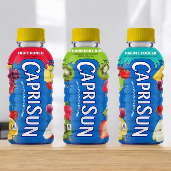 New Capri Sun bottle packaging design replacing the traditional silver pouch