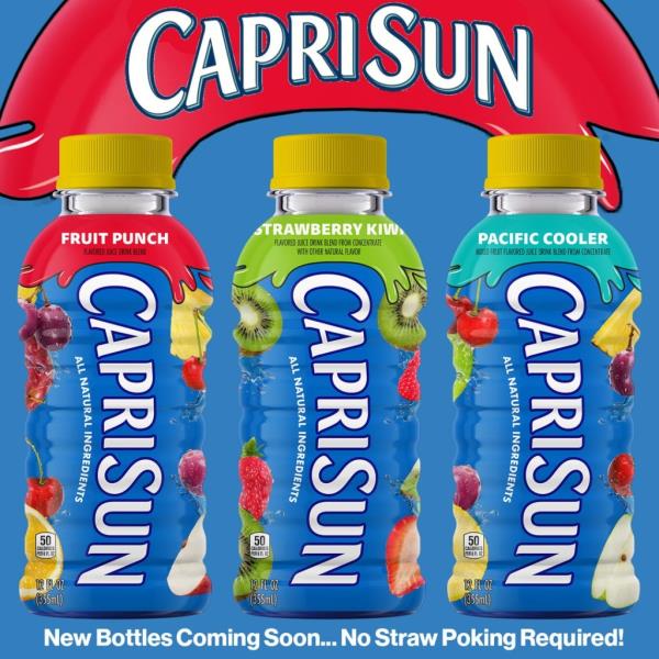 A group of Capri Sun bottles, new adult-oriented design, replacing traditional silver pouch