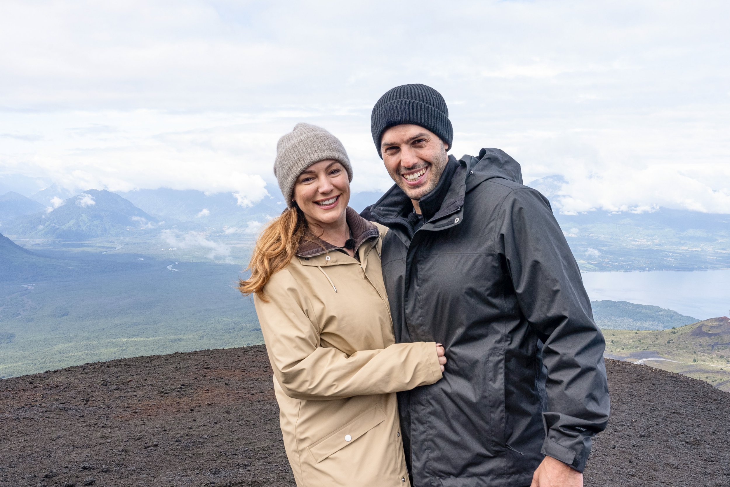Kelly Brook and Jeremy Parisi pose together during filming for Celebrity Race Across The World