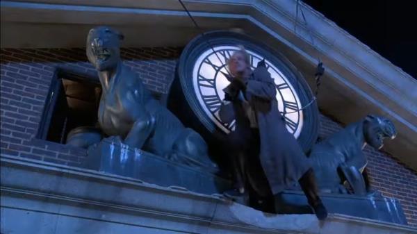 Stunt double Yerkes sliding down a cable from the clock tower in a scene from the 1985 film 'Back to the Future'