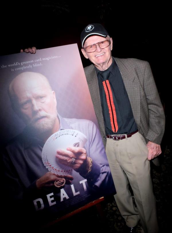 Stuntman Bob Yerkes holding a poster at the special screening of 'DEALT' at The Magic Castle in Hollywood, California on October 15, 2017