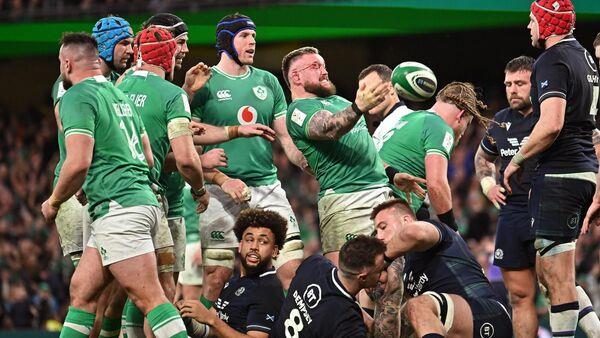 Dan Sheehan of Ireland catches the ball on the back of a line-out resulting in Ireland's first try during the Guinness Six Nations Rugby Championship match between Ireland and Scotland at the Aviva Stadium in Dublin. Photo by Harry Murphy/Sportsfile Dan Sheehan of Ireland catches the ball on the back of a line-out resulting in Ireland's first try during the Guinness Six Nations Rugby Championship match between Ireland and Scotland at the Aviva Stadium in Dublin. Photo by Harry Murphy/Sportsfile