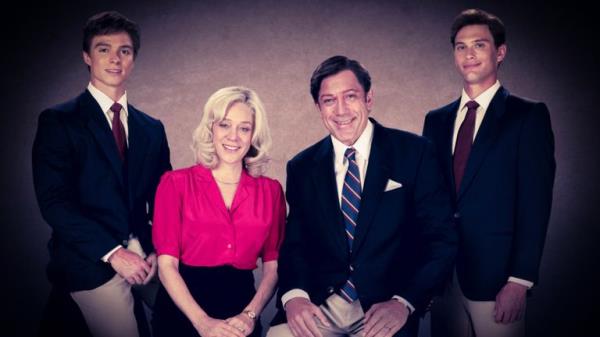 (L to R) Nicholas Chavez as Lyle Menendez, Chloë Sevigny as Kitty Menendez, Javier Bardem as Jose Menendez and Cooper Koch as Erik Menendez. Pic: Netflix