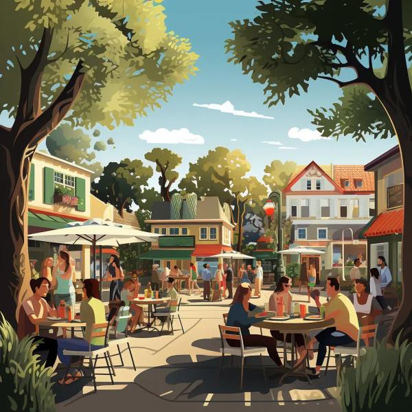 A group of people sitting at tables in a courtyard, discussing the controversial proposal of creating a new, walkable, and affordable city in California named California Forever