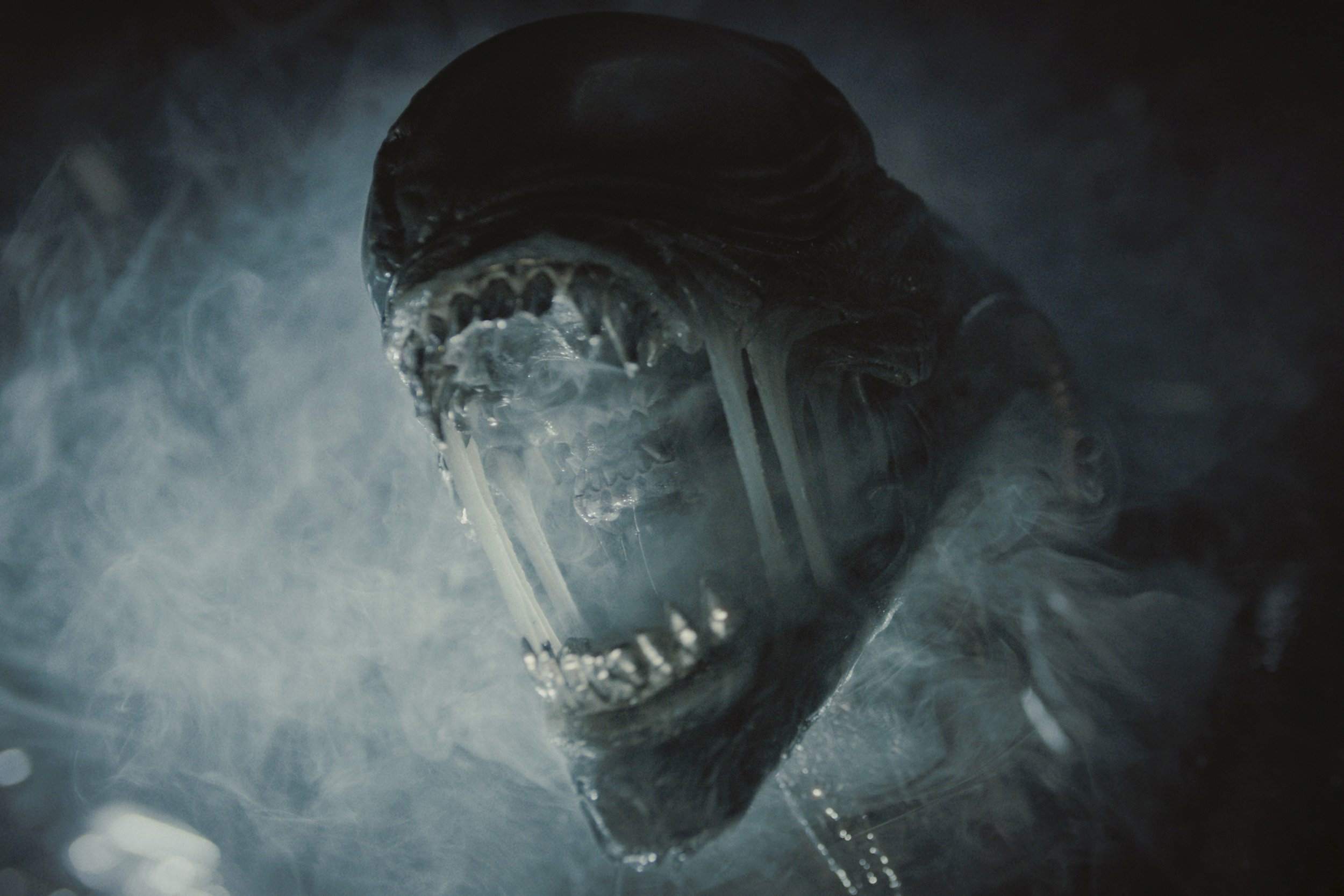 A Xenomorph screaming and showing its inner jaws in a scene from Alien: Romulus