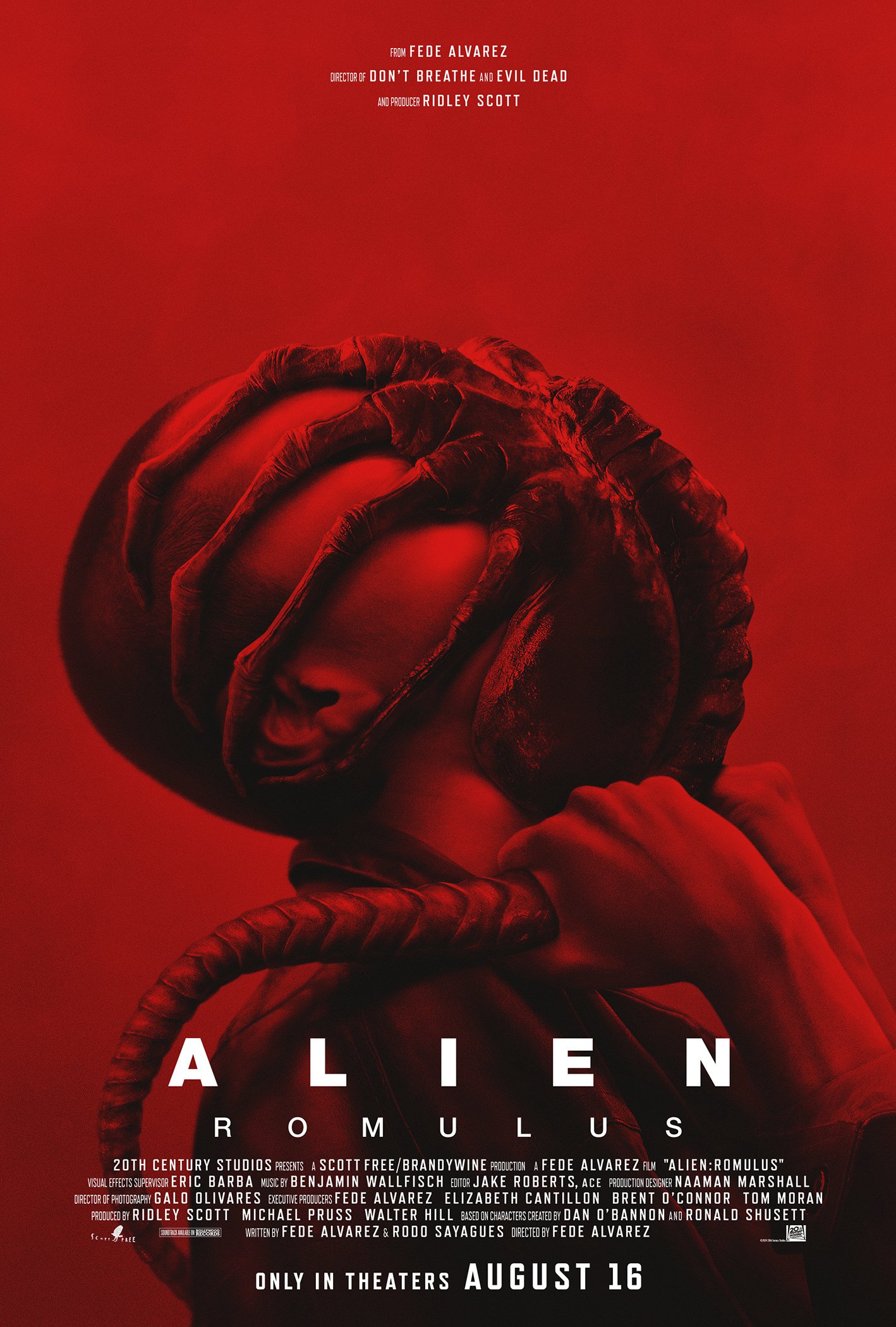 Promotional art for Alien: Romulus showing Aileen Wu as Navarro with a Facehugger attacking her face against a red background