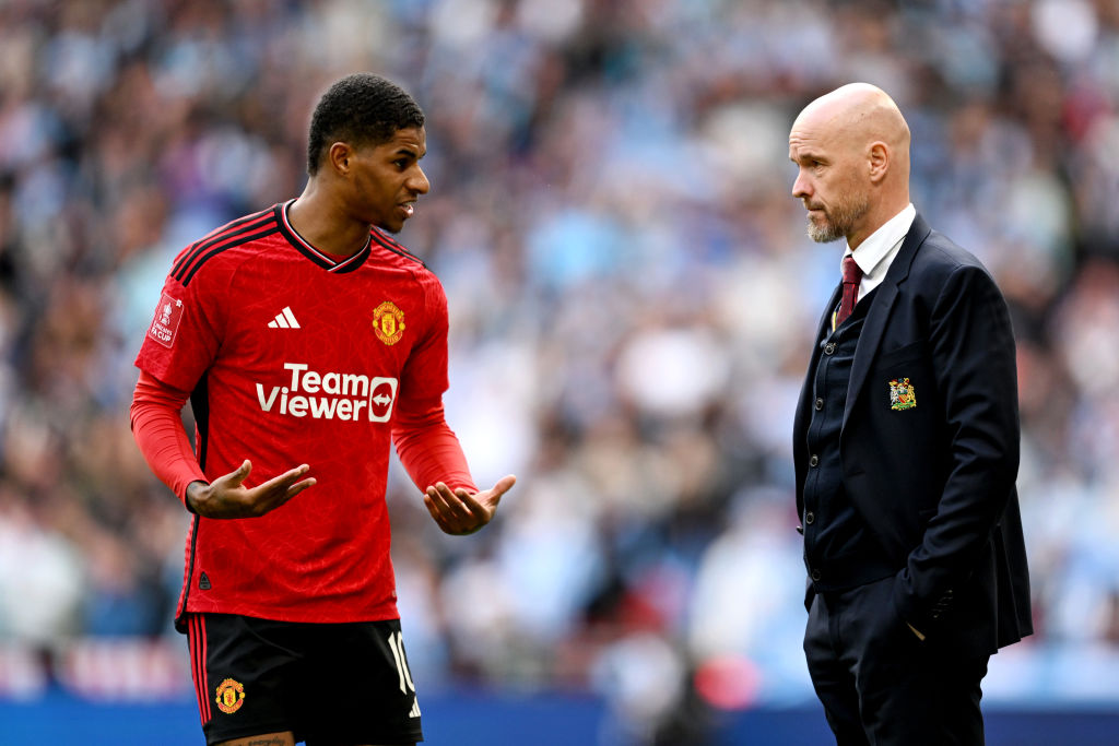 Marcus Rashford speaks to Erik ten Hag, Manager of Manchester United, during the Emirates FA Cup Semi Final match between Coventry City and Manchester United
