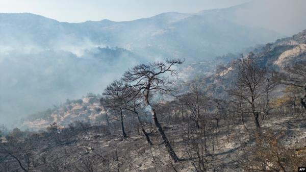 This aerial photograph shows a forest area partially burnt and with smoke emanating from wildfires in Turkey's western province of Izmir, Aug. 17, 2024. 