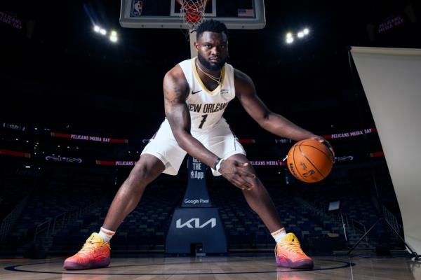 New Orleans Pelicans' Zion Williamson poses during the NBA basketball team's media day at the Smoothie King Center in New Orleans, Monday, Sept. 30, 2024.