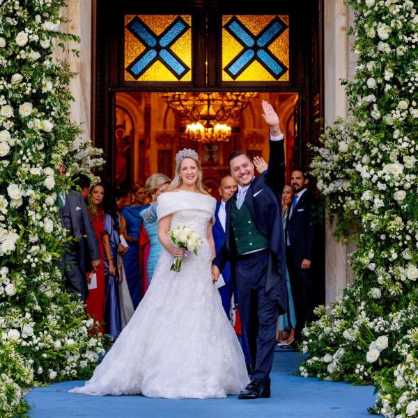 Princess Theodora and lawyer Matthew Kumar leaving the Metropolitan Cathedral of Athens on their wedding day.