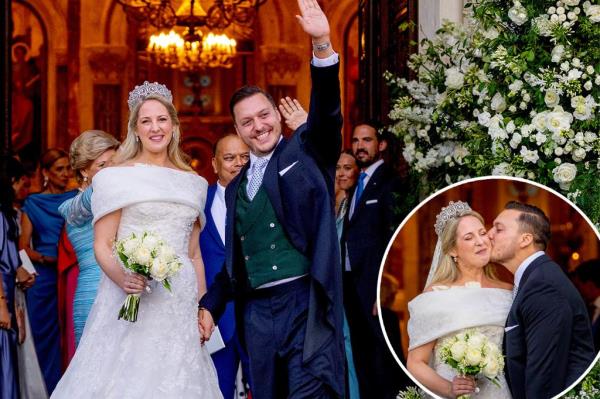 The princess wore a gown made by Celia Kritharioti with an antique lace veil and Khedive of Egypt Tiara.