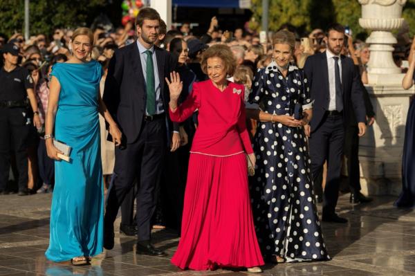 Former Queen Sofia of Spain, Infanta Elena of Spain, Infanta Cristina of Spain and her son Juan Urdangarin, at the wedding ceremony.
