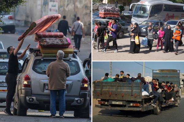 A photo of Palestinians fleeing south on the Gaza Strip.