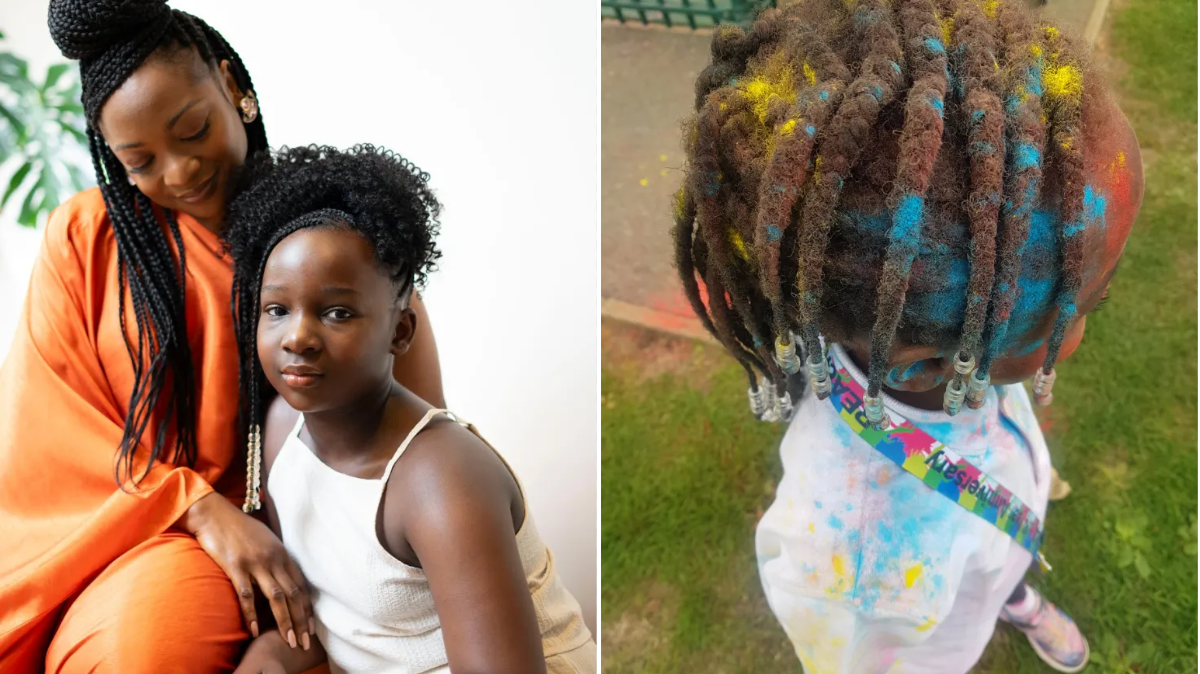 Danielle's daughter Kayla, now 11, and (right) Kayla's damaged hair after a Colour Run event at school