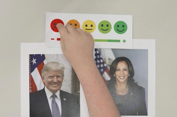 A hand pressing a red button on a study paper featuring pictures of Donald Trump and Kamala Harris, related to an Anderson Cooper 360 study on child perceptions of political figures.