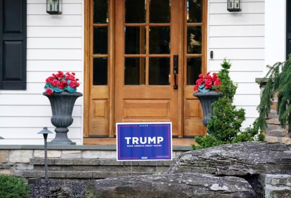 Trump election lawn sign displayed in the front yard of a house in New City, NY, during 2024 presidential campaign.
