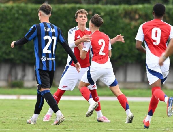 Max Dowman celebrates scoring goal for Arsenal with Theo Julienne during the UEFA Youth League match between Atalanta BC U19 and Arsenal U19 at Stadio Comunale di Caravaggio on September 19, 2024 in Caravaggio, Italy